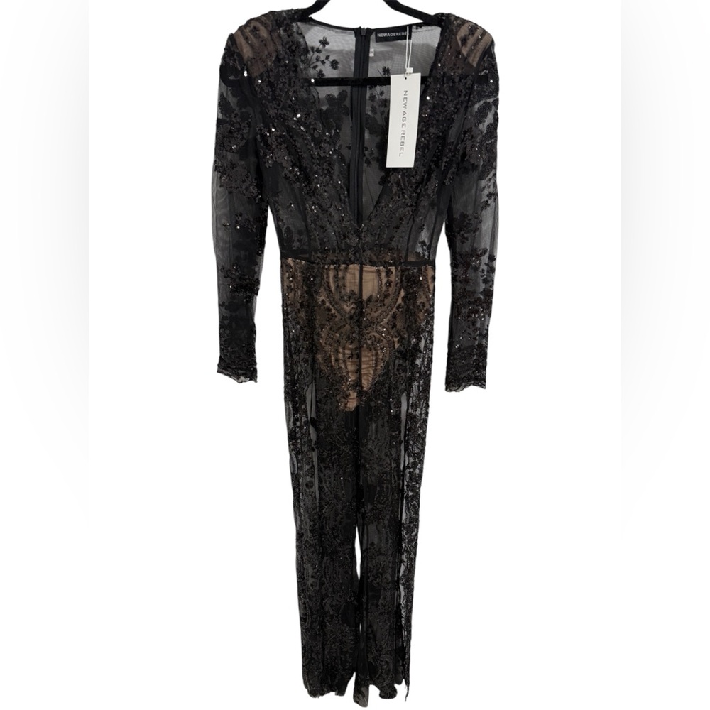 New Age Rebel Black Sequin Sheer Mesh Jumpsuit Dress Overlay Size‎ S